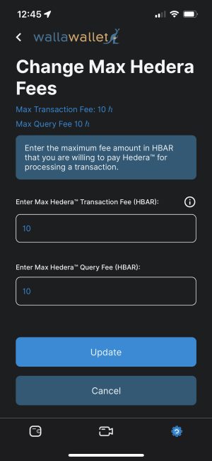 Change max Hedera fees in Wallawallet